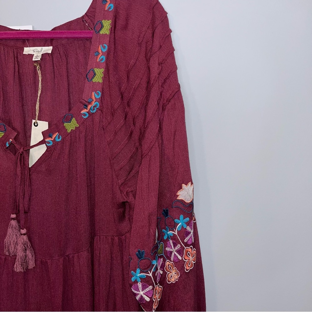 Easel Boho Burgundy Dress with Colorful Embroidery Large - Picture 7 of 8